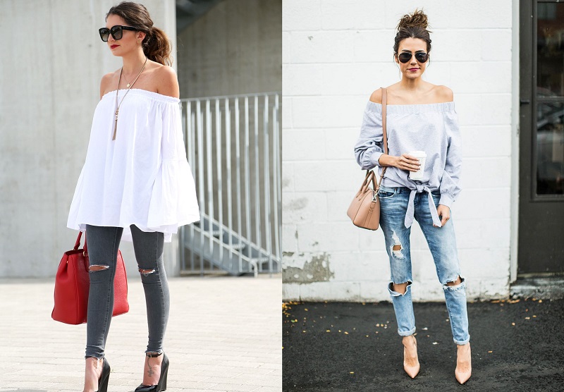 Ripped Jeans with Off-shoulder Top: