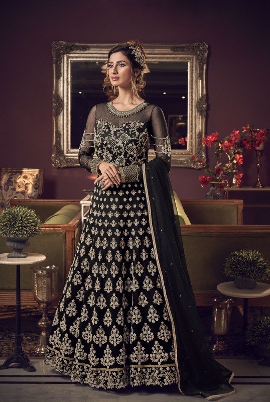 Bold Black Embroidered Premium Net Anarkali Suit