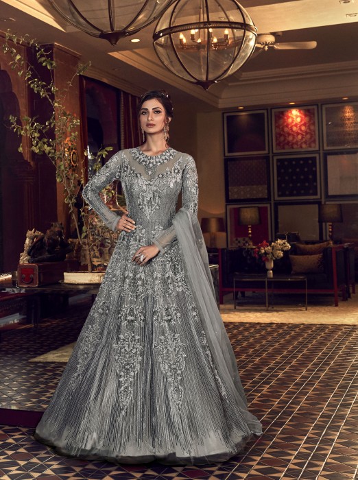 Gorgeous Grey Embroidered Indo Western Net Anarkali Suit