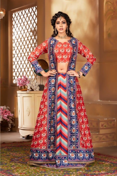 Multicolor Crop Top Lehenga Suit With Full-Length Jacket