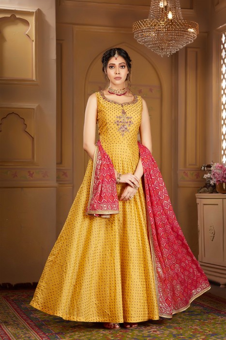 Simple But Elegant Yellow Anarkali Banarasi Silk Suit