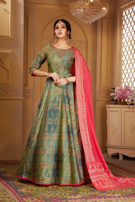 Trendy Green Raw Silk Anarkali Suits