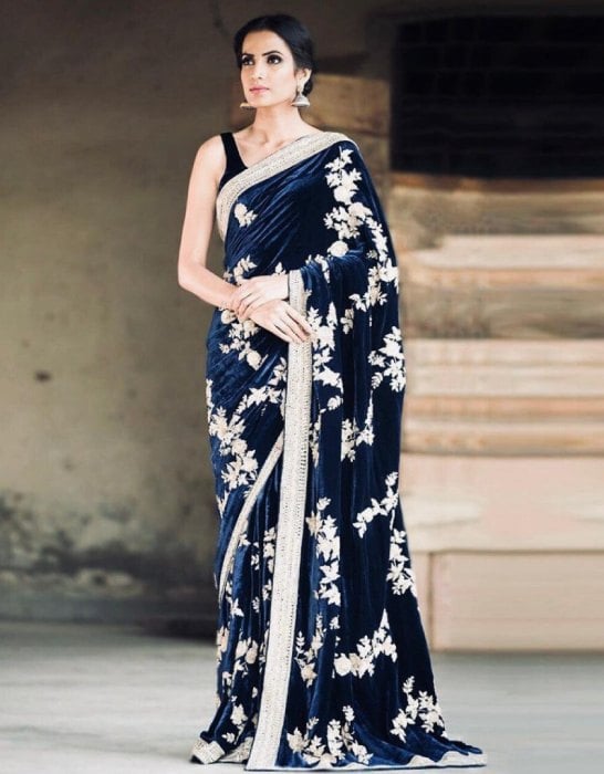 Navy Blue Velvet Saree