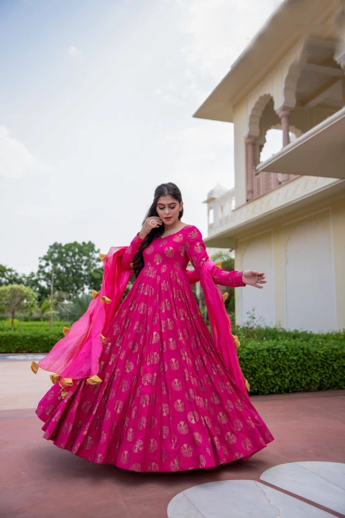 Bandhej Style & Flaired Gown With Designer Dupatta - Rani Pink