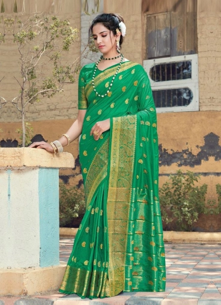 Green Saree With Golden Embroidery