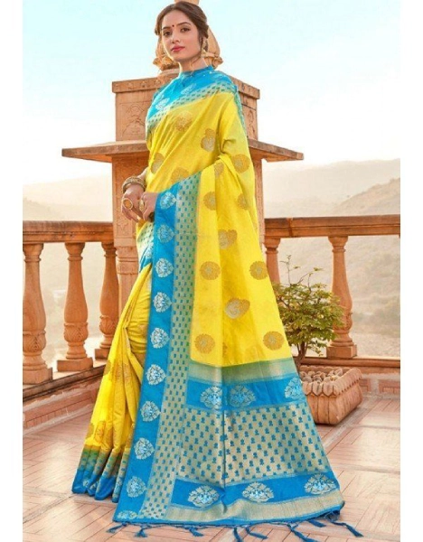 Yellow Pallu on Blue Saree