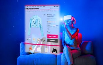 Smart female sitting on sofa while wearing VR headset connecting metaverse, future cyberspace community technology. Elegant woman enjoy opening online store menu shop luxury product.