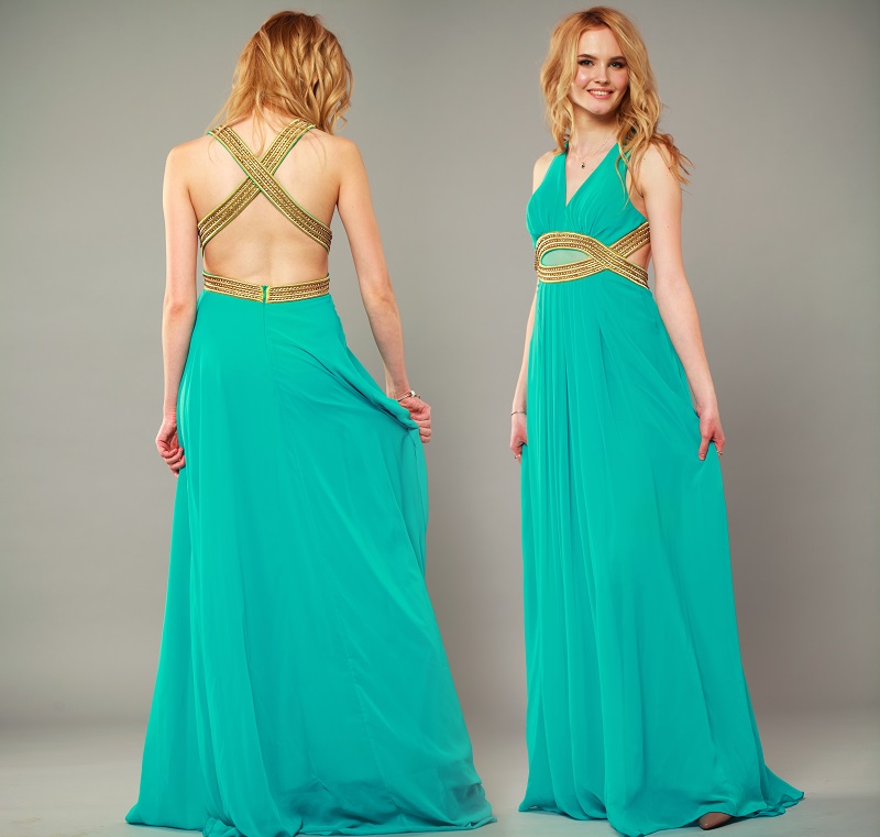 High Slits and Statement Backs Collage two Fashion blonde women in green dress posing isolated on gray background