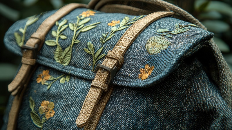 Embroidered Backpacks: Trendy Meets Traditional A beautifully crafted denim backpack features intricate floral embroidery, resting amidst lush greenery.